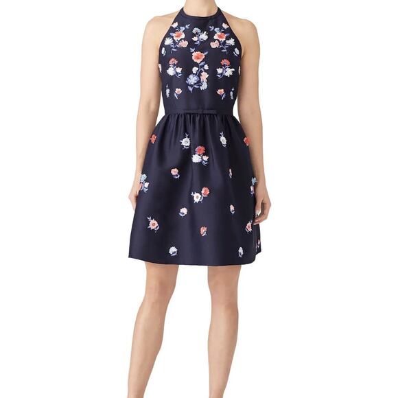 Kate Spade SZ 2 Halter Mini Dress Pom Floral Embroidered Fit 'n Flare Lined Blue - Picture 6 of 11